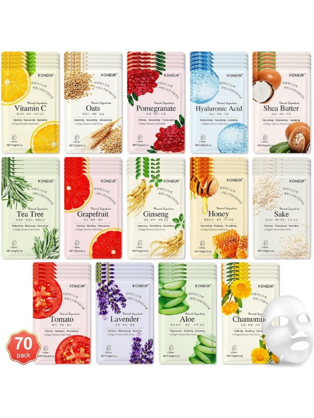 70 Pack Hydrating Sheet Face Masks for All Skin Types - Spa Quality Skincare